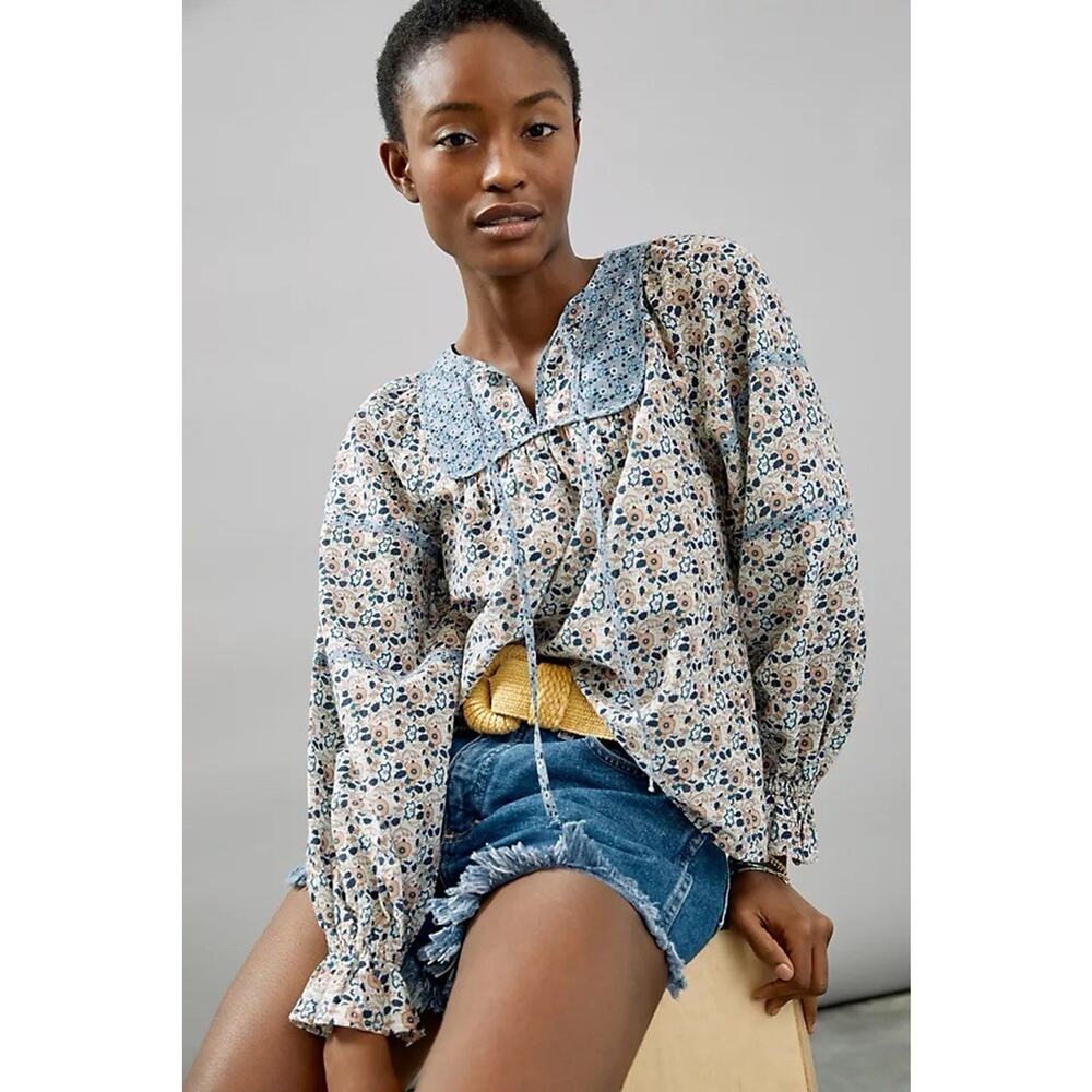 Othilia Anthro Laura Blue Floral Long Sleeve Peasant Blouse Boho Cottage Women M